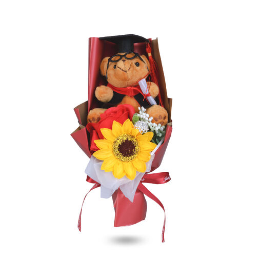 11971 • Műnövény dekoráció - napraforgó, macival - 14 x 10,5 x 26 cm