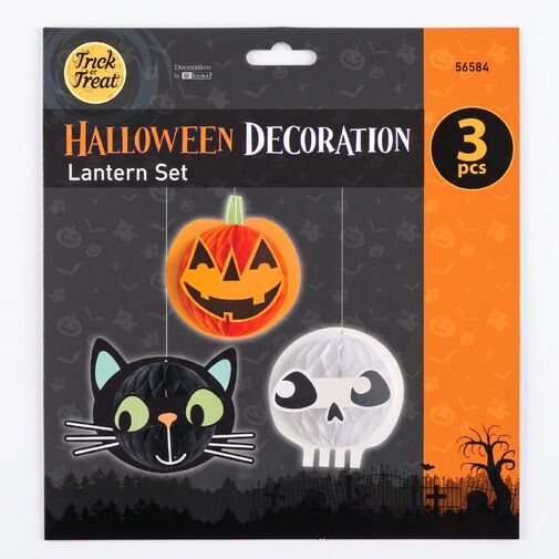 56584 • Halloween-i dekoráció - lampion szett - tök, macska, koponya - papír - 20 cm - 3 db / csomag