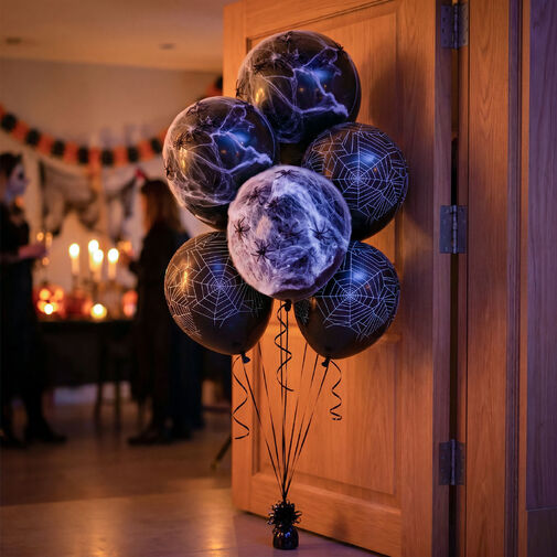 56637 • Halloween-i pókhálós léggömb szett - 5 léggömb + 10g műpókháló + 10 pók