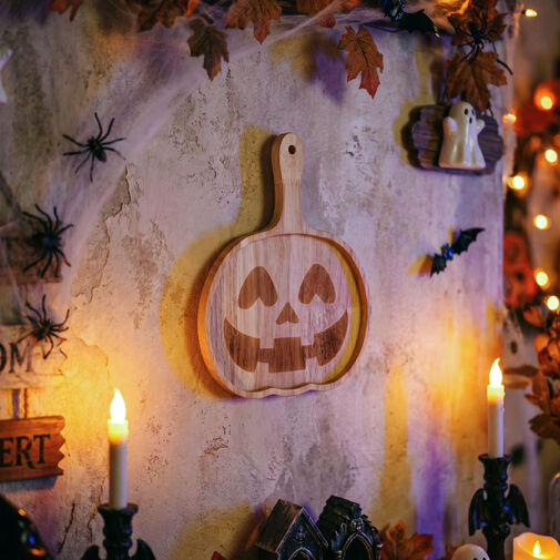 56642 • Halloween-i tálaló/kínáló tál fogantyúval – fából - tök mintás - 26,5 x 20 x 1,5 cm