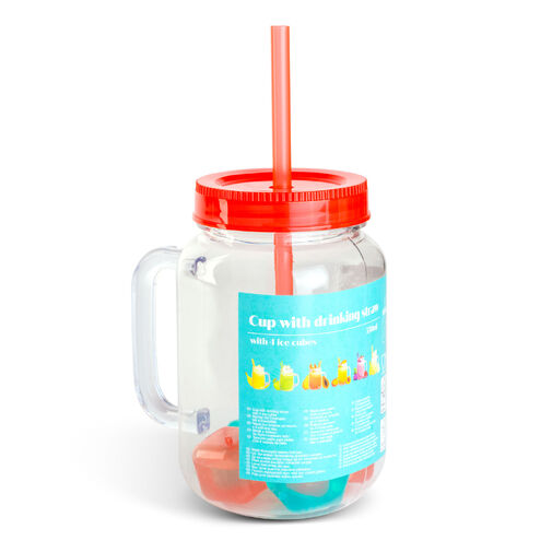 57160P • Szívószálas pohár - piros - 4 db hűthető jégkockával, 550ml,  17 x 7.5 x 13.5 cm