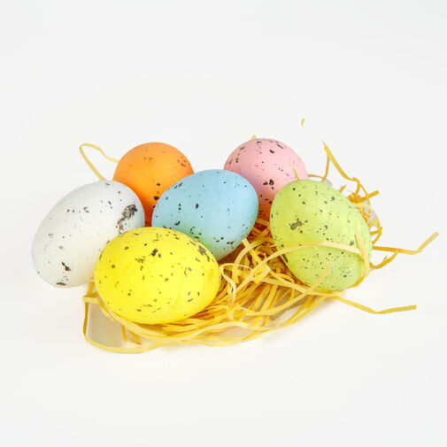 57952 • Húsvéti dekoráció - tojások papírfűvel - pasztellszín - 4 x 6 cm - 6 db / csomag