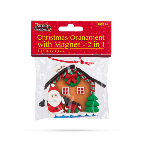 58553A • Karácsonyi mágneses dekoráció - 2 az 1-ben - mézeskalács házikó mikulással - 85 x 75 mm