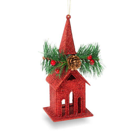 58677A • Karácsonyi glitteres templom akasztóval - 16 x 6,5 cm - piros