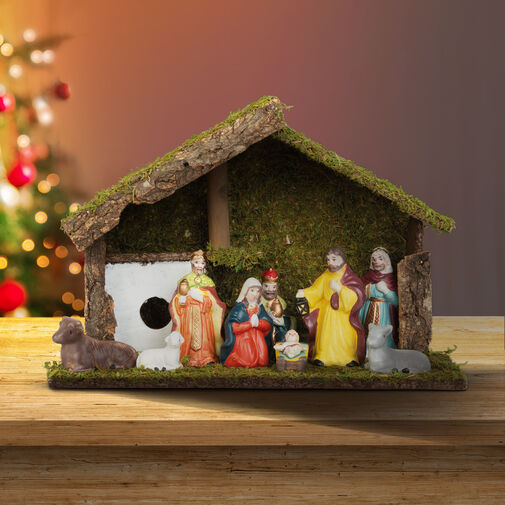58719 • Karácsonyi asztali dekoráció - Betlehem - kerámia és fa - 30 x 10 x 20 cm
