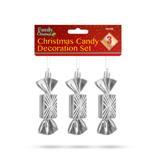58760B • Karácsonyfadísz szett - szaloncukor - akasztóval - ezüst - 11 x 4 cm