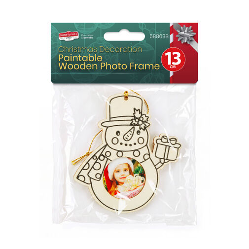 58863B • Karácsonyi dekoráció - festhető fa fotókeret - hóember - 13 cm - akasztható